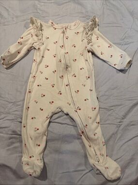 Rabbit + Bear Cream Cherry-Print Ruffle Footed One-Piece